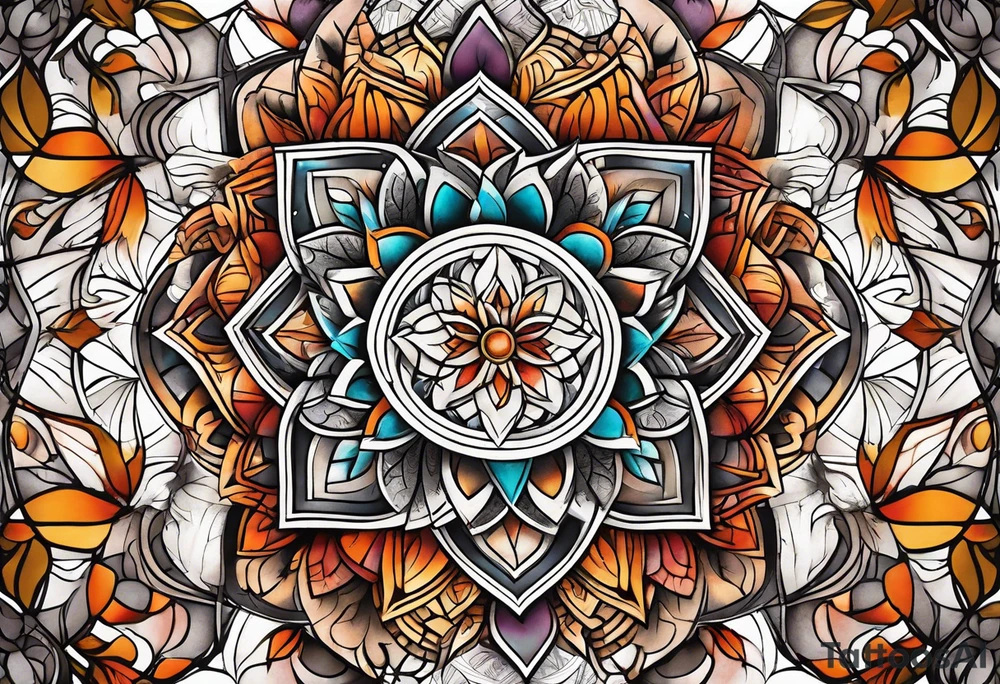 front knee tattoo with sacred geometry, swirls & washes, background and in fall colors tattoo idea
