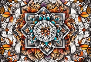 front knee tattoo with sacred geometry, swirls & washes, background and in fall colors tattoo idea