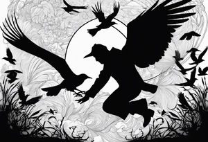 Silhouette of a man on his hands and knees bent over with crows coming out his back flying away. tattoo idea