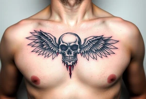 Angel skull black and red on left chest male tattoo idea