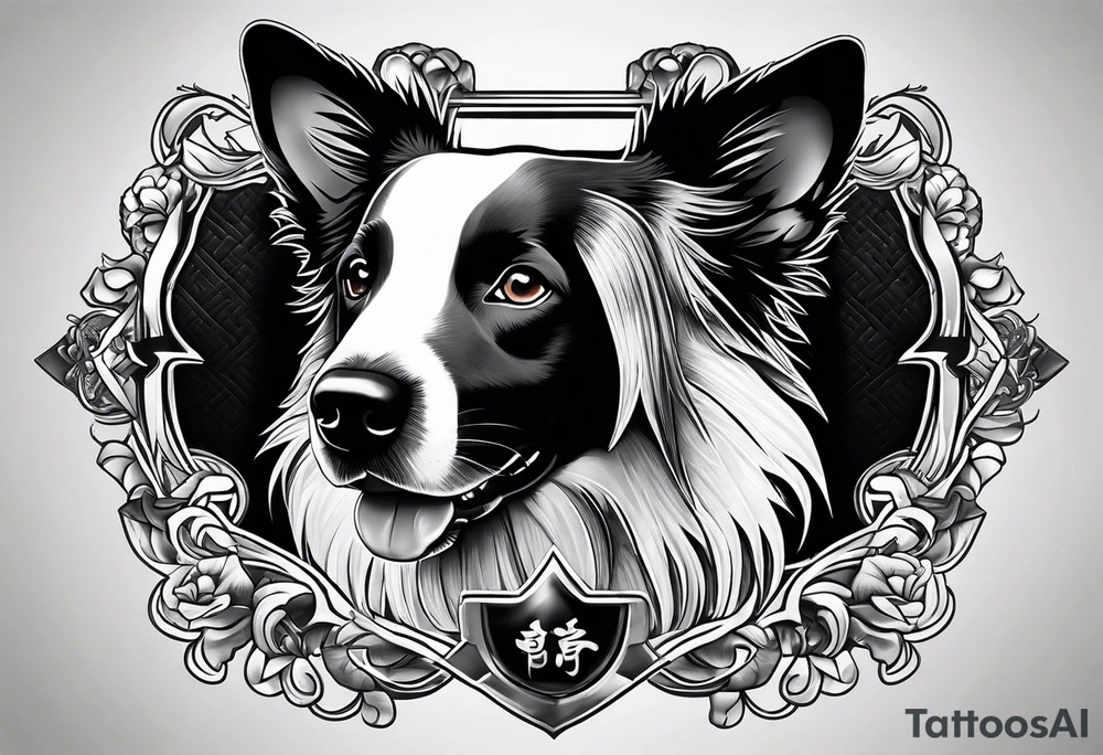 Tattoo of a border collie Muay Thai symbol in the back ground tattoo idea