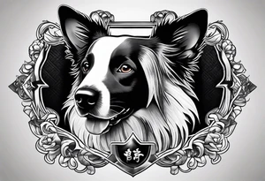 Tattoo of a border collie Muay Thai symbol in the back ground tattoo idea