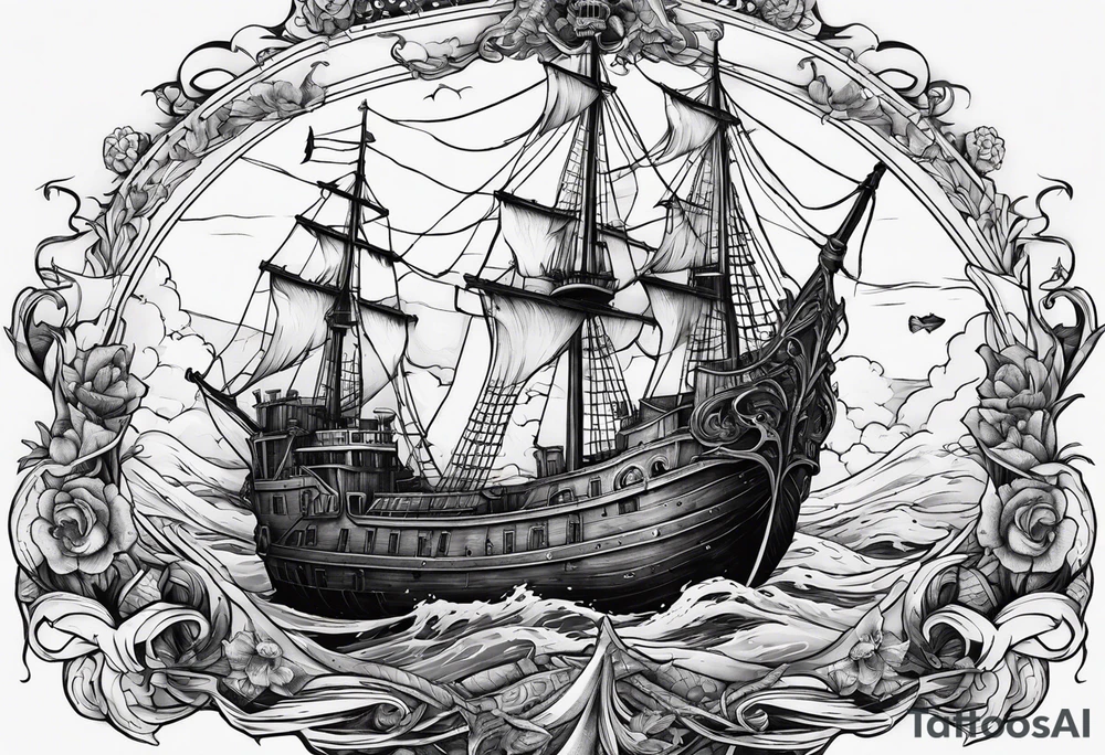 ship sinking with a mermaid on the right holding a rope the mermaid on the left holding a dagger tattoo idea