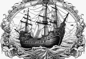 ship sinking with a mermaid on the right holding a rope the mermaid on the left holding a dagger tattoo idea
