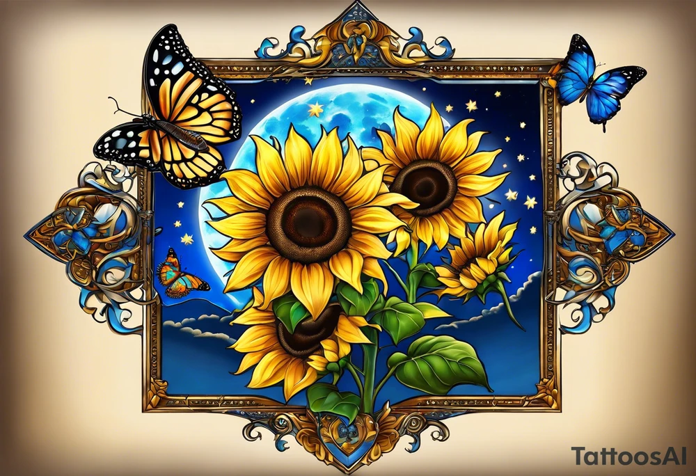 Sunflowers, full moon, blue morpho butterflies, starry night, you are my sunshine, cross, love. tattoo idea