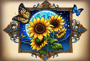 Sunflowers, full moon, blue morpho butterflies, starry night, you are my sunshine, cross, love. tattoo idea