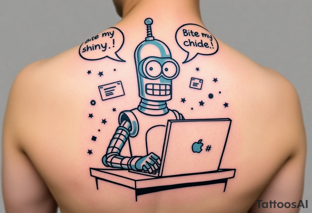 Tattoo design in colorful comic style of a robot inspired by Bender from Futurama, sitting at a desk with a laptop, surrounded by flying error messages and code snippets in C#. Add the quote 'Bite my shiny code!' in speech bubble. Fun, bold, dynamic look for shoulder placement. tattoo idea