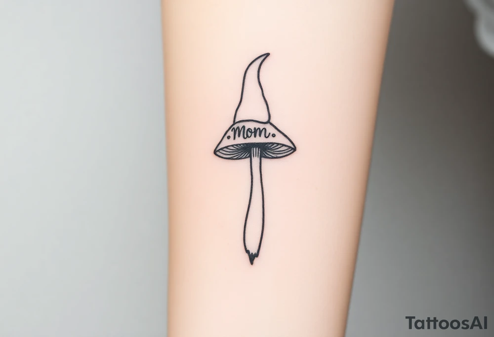 Mushroom with word mom on it with gnome on top tattoo idea