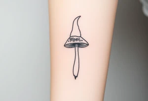 Mushroom with word mom on it with gnome on top tattoo idea