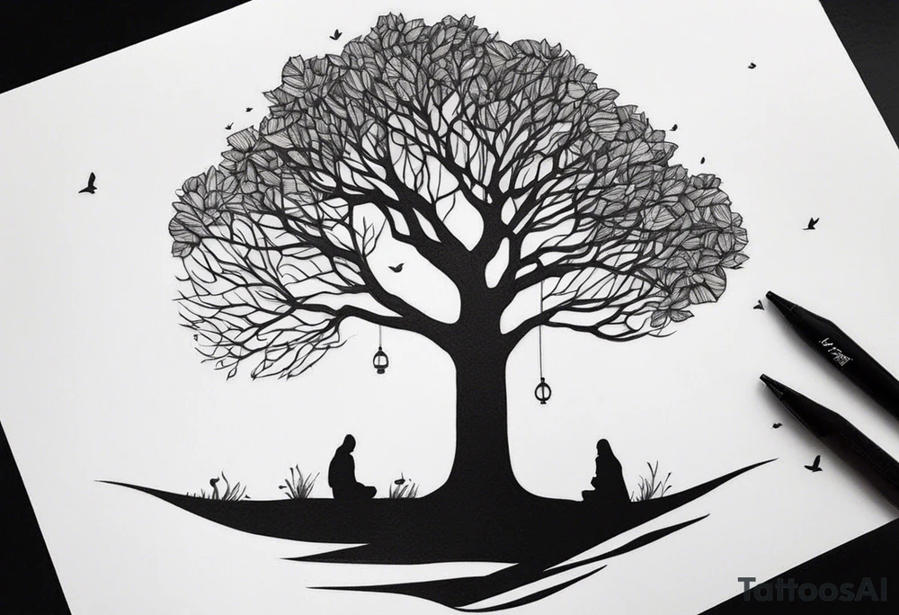 faceless, dark figures under a tree tattoo idea