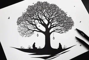 faceless, dark figures under a tree tattoo idea