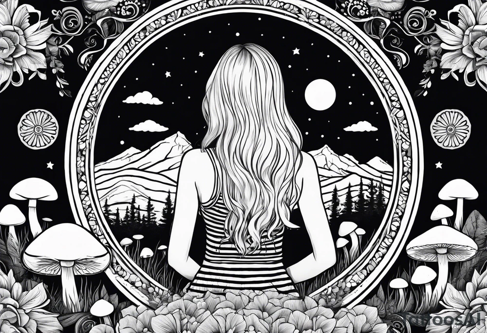 Straight blonde hair girl holding mushrooms in hand meditating facing away toward mountains surrounded by mushrooms crescent moon mandala circular design black and white striped dress tattoo idea