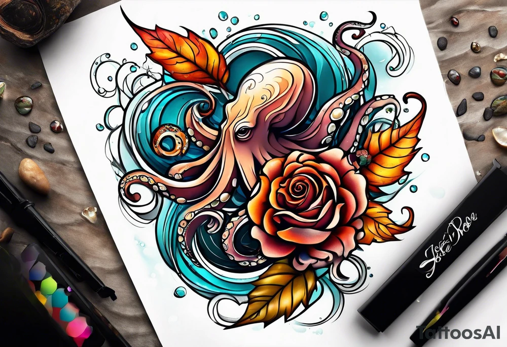 abstract left thigh tattoo with an octopus in water swirls wrapping around rocks, a rose, in fall colors with some small leaves and fall elements tattoo idea