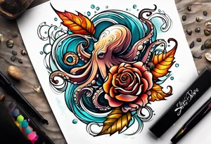 abstract left thigh tattoo with an octopus in water swirls wrapping around rocks, a rose, in fall colors with some small leaves and fall elements tattoo idea