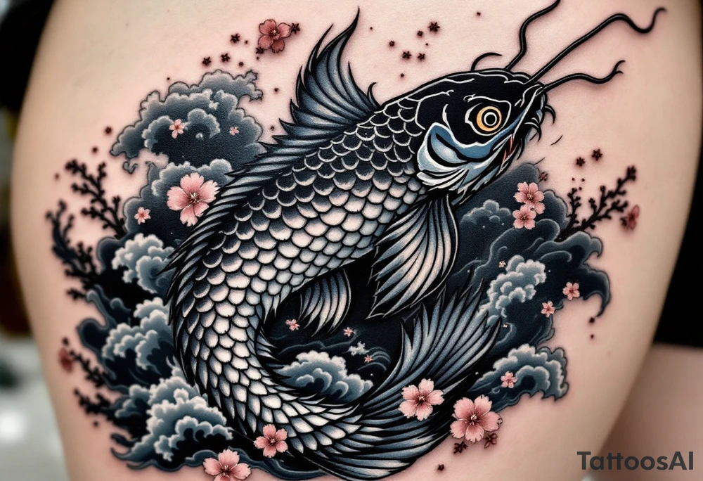 Japanese-Inspired Catfish (Namazu) – A mythological catfish with black and indigo scales, surrounded by dramatic waves, cherry blossoms, and storm clouds, done in Irezumi style. tattoo idea
