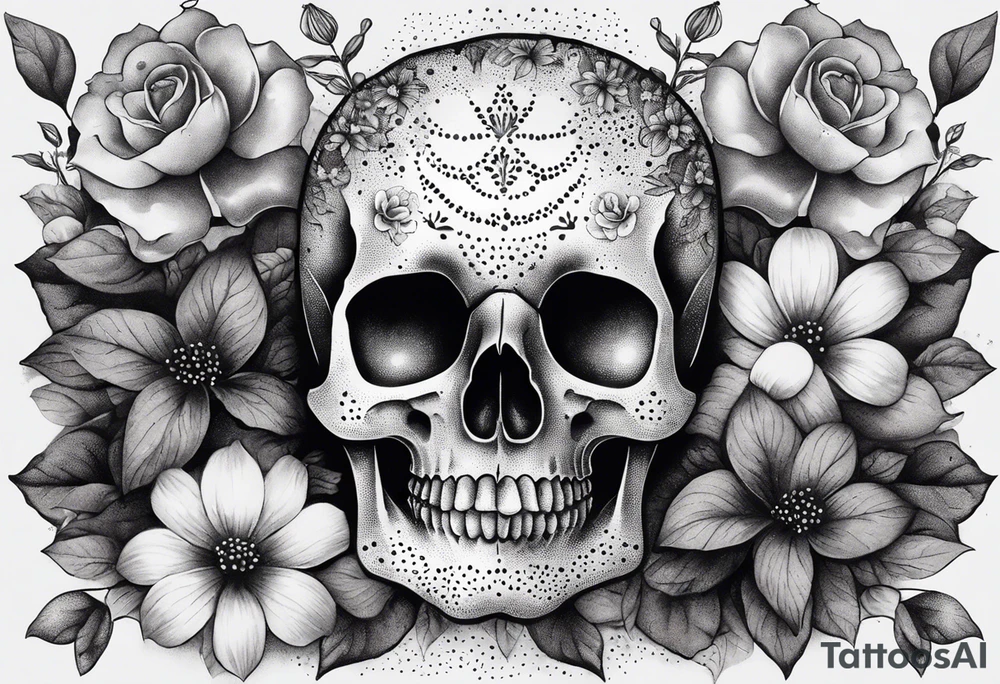 Flowers, potions, small skull, big flowers small snack with dot work in between tattoo idea