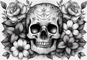 Flowers, potions, small skull, big flowers small snack with dot work in between tattoo idea