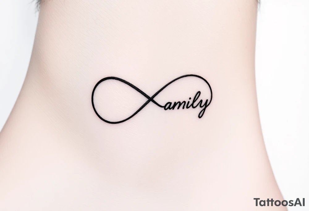 A minimalist infinity symbol composed of thin, intersecting lines, with the word "family" subtly incorporated along the curve in a contemporary font tattoo idea