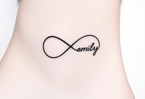 A minimalist infinity symbol composed of thin, intersecting lines, with the word "family" subtly incorporated along the curve in a contemporary font tattoo idea