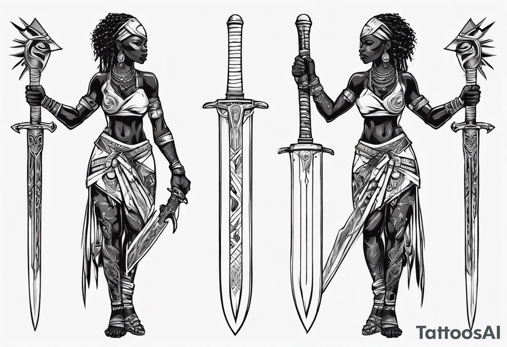 African female full body valkyre slim face holding out sword in both hands tattoo idea