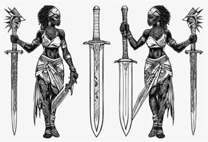 African female full body valkyre slim face holding out sword in both hands tattoo idea