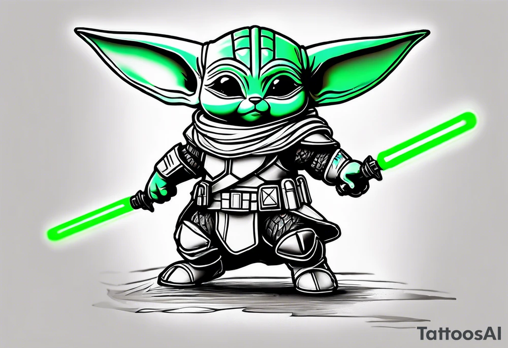 Baby grogu wearing mandalorian armor,  crouched down like he's about to jump,  weilding a green lightsaber. tattoo idea