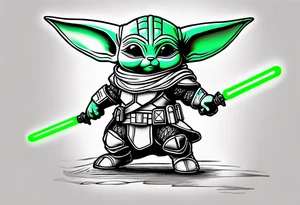 Baby grogu wearing mandalorian armor,  crouched down like he's about to jump,  weilding a green lightsaber. tattoo idea