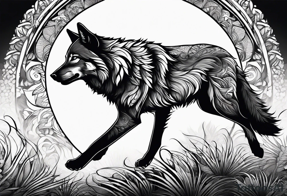strength, small, running young wolf, elegant, sun, lenghty tattoo idea