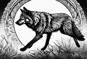 strength, small, running young wolf, elegant, sun, lenghty tattoo idea