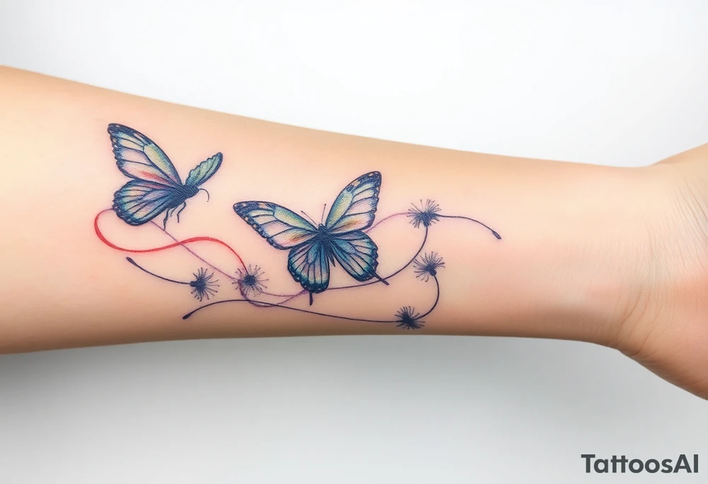 ethereal butterflies with flowing silk ribbons with vines of dandelions tattoo idea