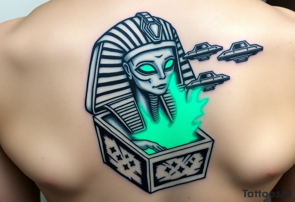 "Pharaoh's sarcophagus opening to reveal a grey alien. Instead of organs: glowing crypto wallets. Floating UFOs are shaped like Chevy Impalas (lowrider style).  

Style: Neo-traditional tattoo with glitch effects. Colors: turquoise/black/neon green." tattoo idea
