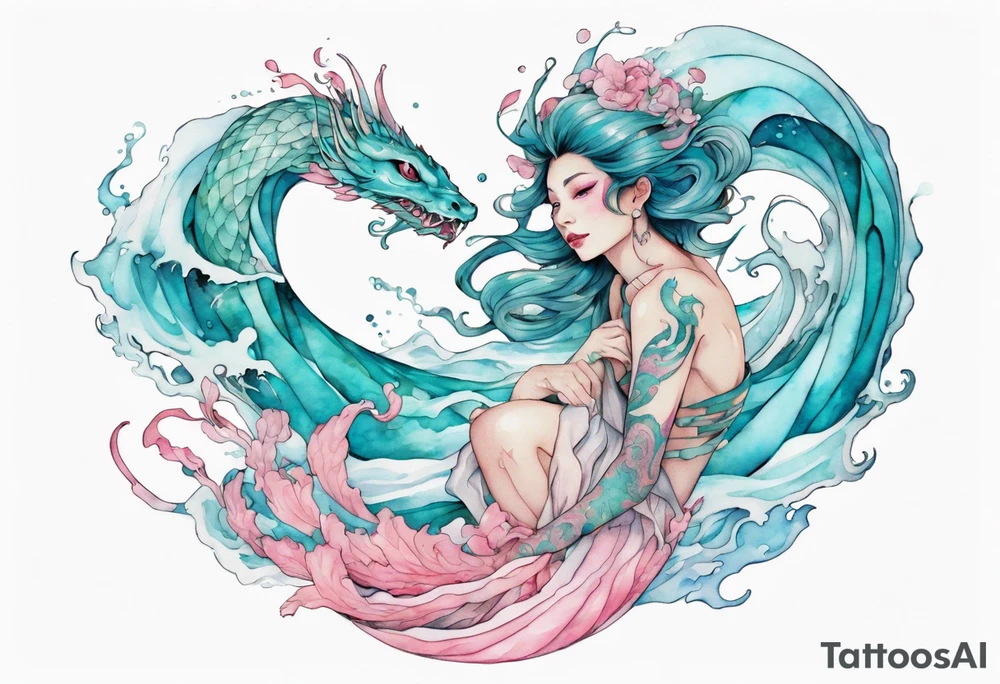 a beautiful turquoise and white and pink fairy serpent rising from the blue waves of the ocean tattoo idea