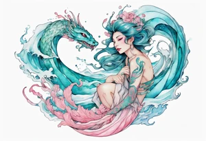 a beautiful turquoise and white and pink fairy serpent rising from the blue waves of the ocean tattoo idea