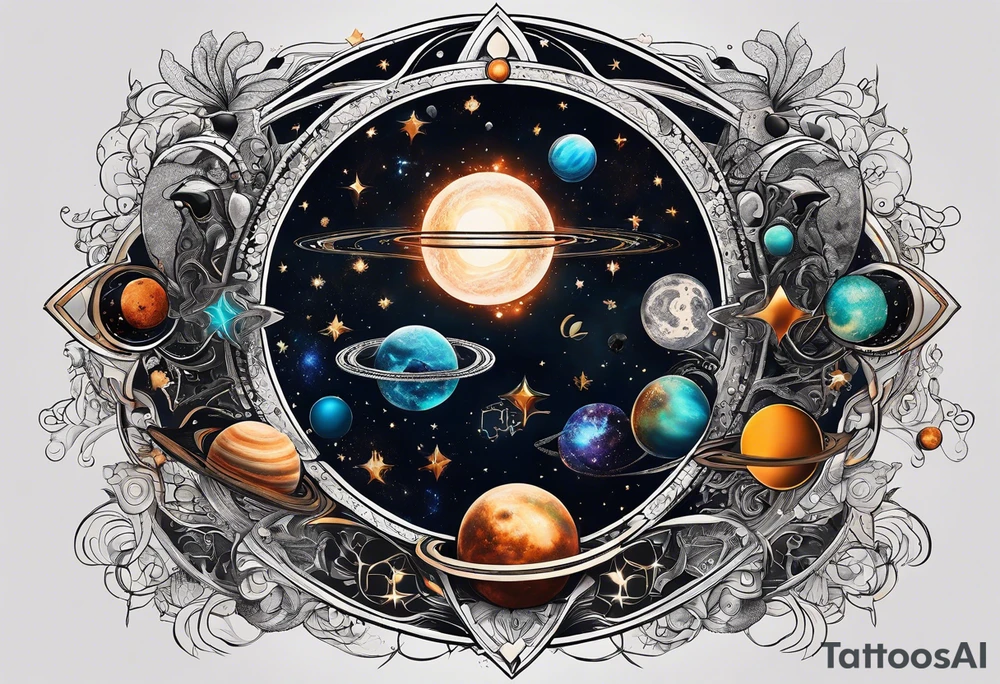 A tattoo featuring a cosmic scene with planets, black holes, and supernovae intertwined with intricate linguistic symbols, reflecting the client's interests in cosmology and linguistics. tattoo idea