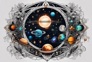 A tattoo featuring a cosmic scene with planets, black holes, and supernovae intertwined with intricate linguistic symbols, reflecting the client's interests in cosmology and linguistics. tattoo idea