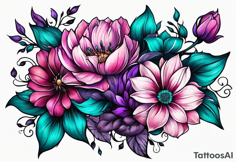 Teal, pink and purple flower sleeve tattoo idea