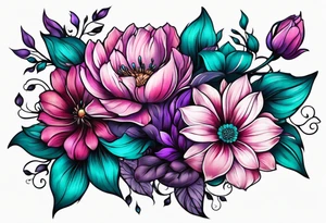 Teal, pink and purple flower sleeve tattoo idea