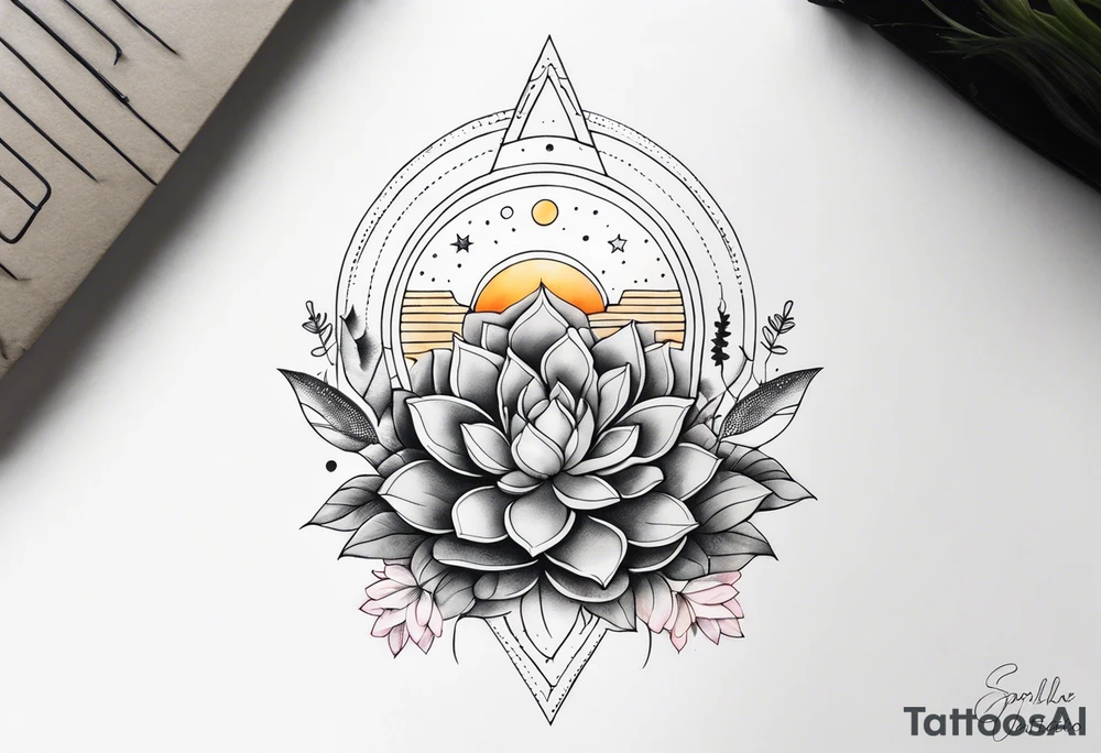 fine line with sun, stars, floral, dots, three succulents
. Sternum tattoo grey scale shading tattoo idea