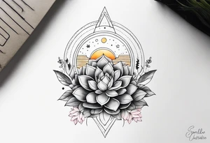 fine line with sun, stars, floral, dots, three succulents
. Sternum tattoo grey scale shading tattoo idea