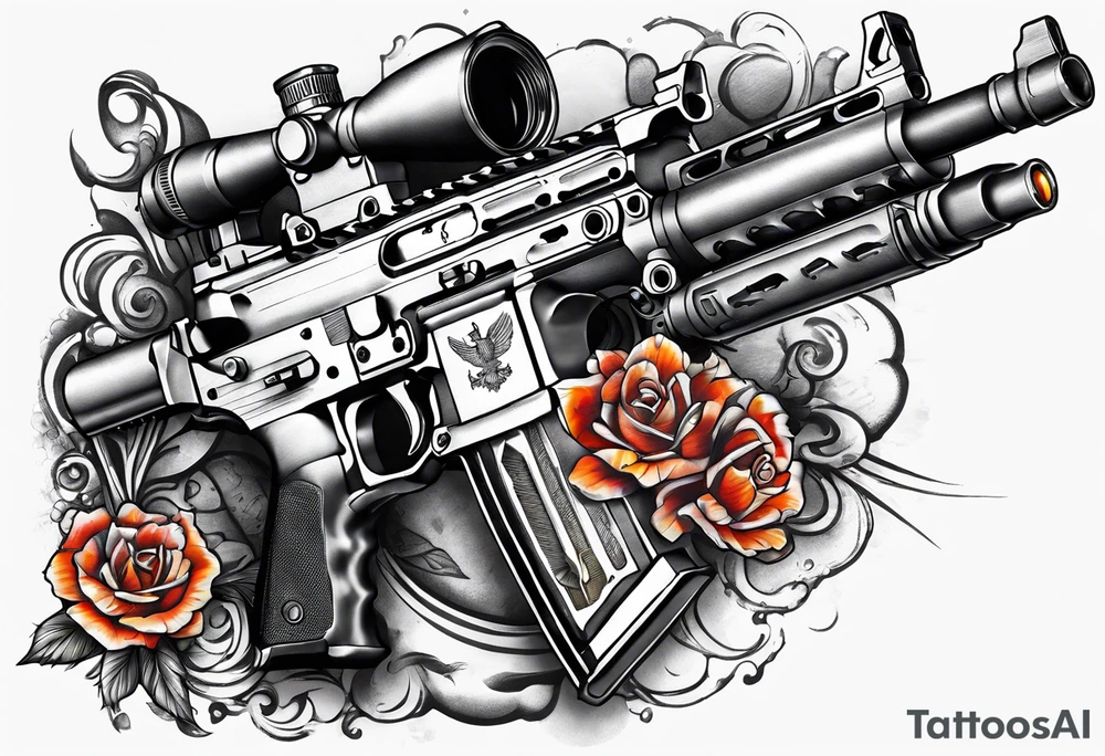 A military tattoo that includes an M4 Carbine rifle, a Beretta M9 pistol designed for the forearm tattoo idea