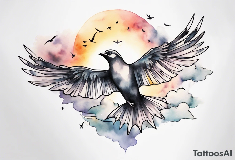 a shoulder tattoo with lots of rays of light in gradient starting from the middle
, clouds and birds flying free tattoo idea
