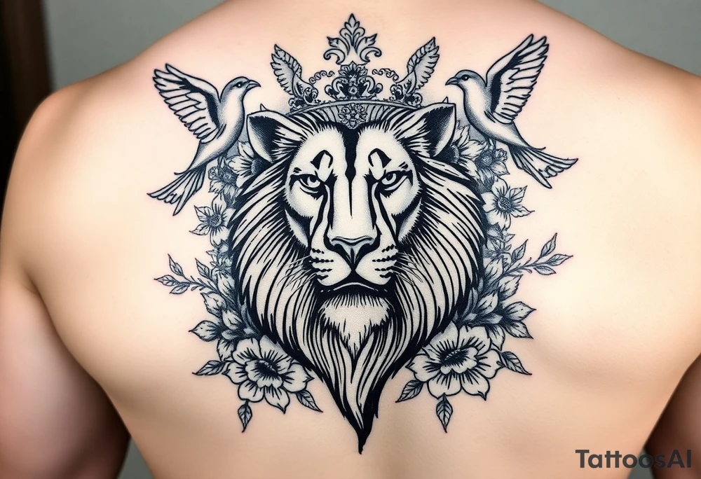 powerful majestic lion with a crown, surrounded by floral ornaments and birds tattoo idea