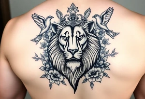 powerful majestic lion with a crown, surrounded by floral ornaments and birds tattoo idea