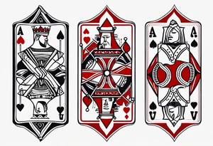 one combined tatto in minimalistic style with icon style three king of spades and icon style one queen of hearts. extreme minimalstic and few lines. much more minimalistic and fewer lines tattoo idea