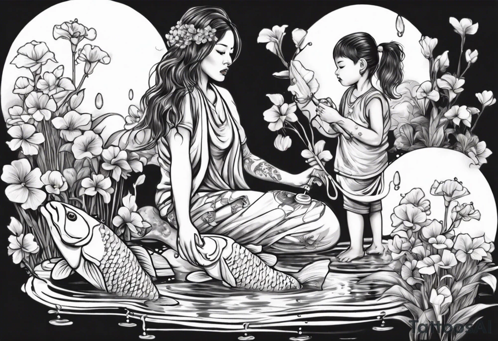 ethnic 
woman and two little boy, watering sweet pea flowers cascading down, surrounding a pond with 2 koi fish swimming tattoo idea