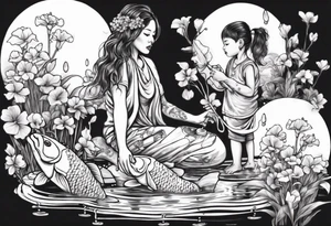 ethnic 
woman and two little boy, watering sweet pea flowers cascading down, surrounding a pond with 2 koi fish swimming tattoo idea