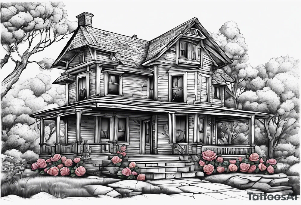 abandoned old house, broken sword, roses tattoo idea