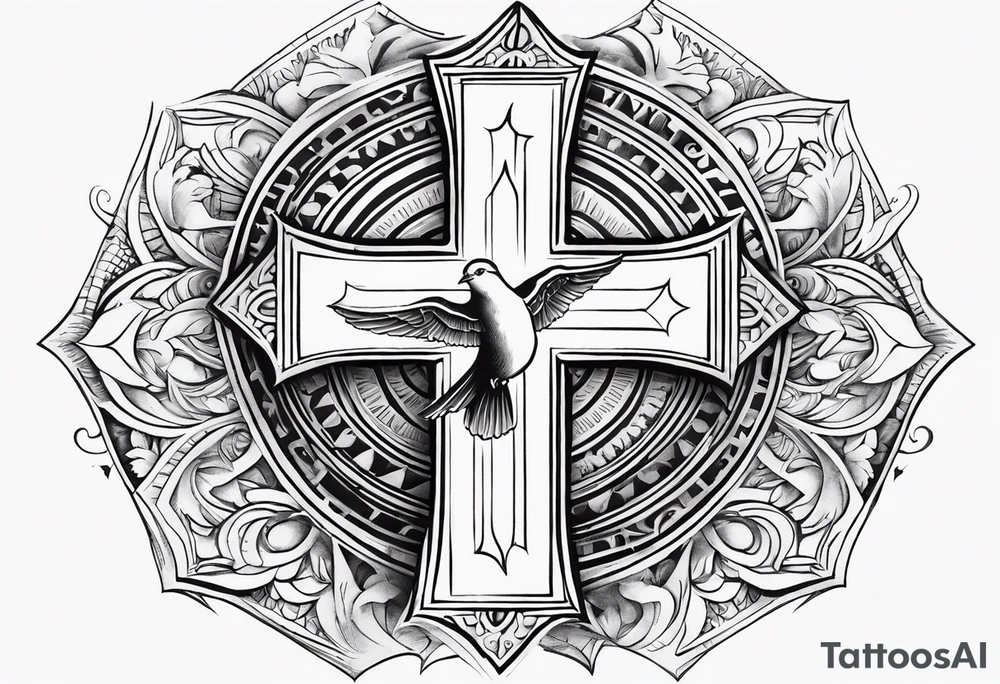Cross with doves and rays of a sun with the date 08/21/2024 tattoo idea