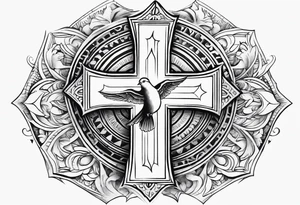 Cross with doves and rays of a sun with the date 08/21/2024 tattoo idea
