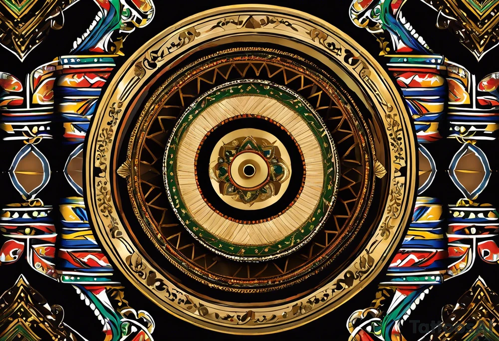 A pandeiro, a traditional Brazilian percussion instrument from pagode music, with the lyrics 'Se alguém perguntar por mim' integrated into the design. The image should evoke a sense of freedom and wandering, as it represents my love for samba and my journey through different countries. The pandeiro should be the central element, with flowing musical notes surrounding it and the lyrics curving around in a handwritten style, all designed to fit as a leg tattoo. Preferably in black and white. tattoo idea